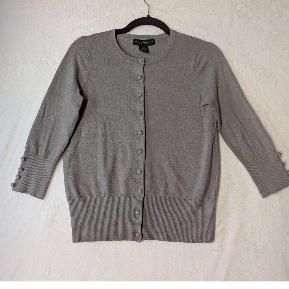 Grace Elements Petite Gray‎ Button Front Cardigan Sweater PS Rayon Nylon